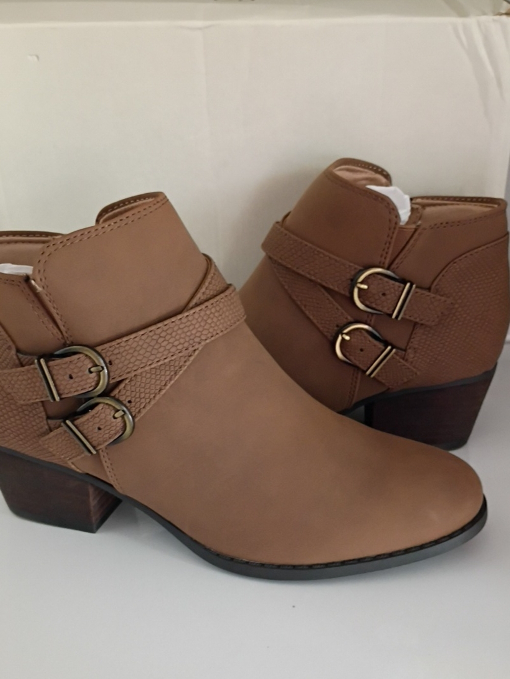 Life Stride Brown/Tan Double Buckle Ankle Booties